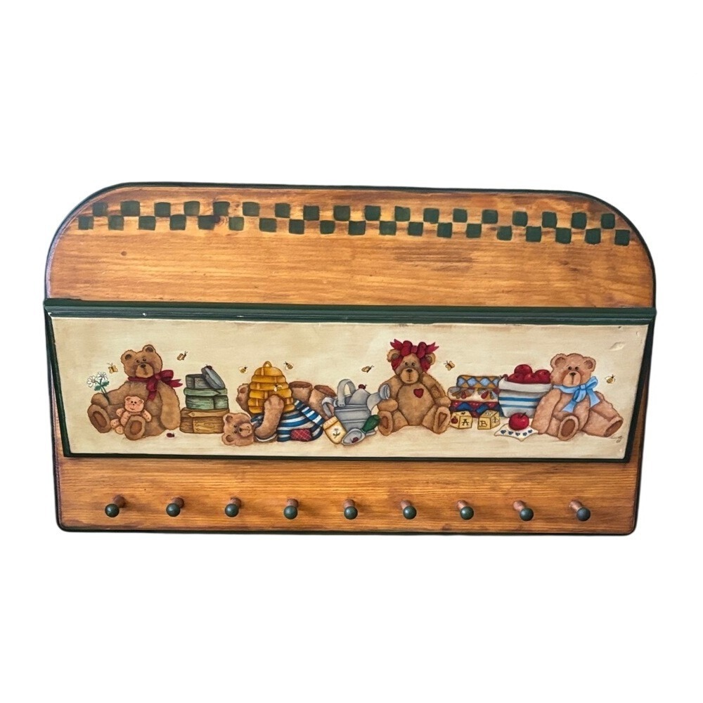 Vintage Country Teddy Bear Wood Wall Rack Mail Slot Holder Adorable Cottagecore